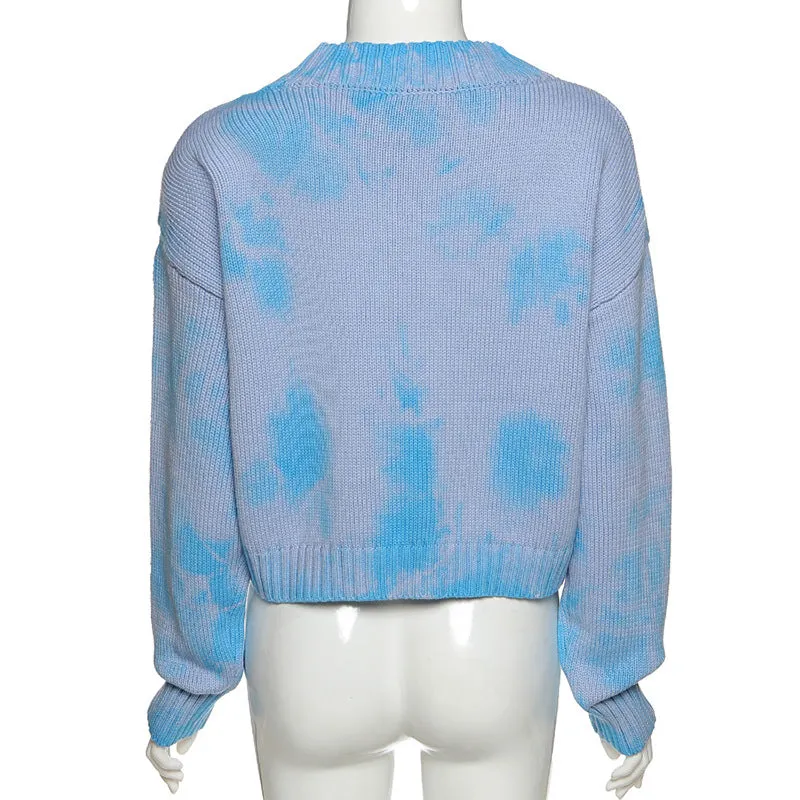 2022 Tie Dye Knitwear loose fit Woolen cardigan blazer crop top fashionable casual sweater for women