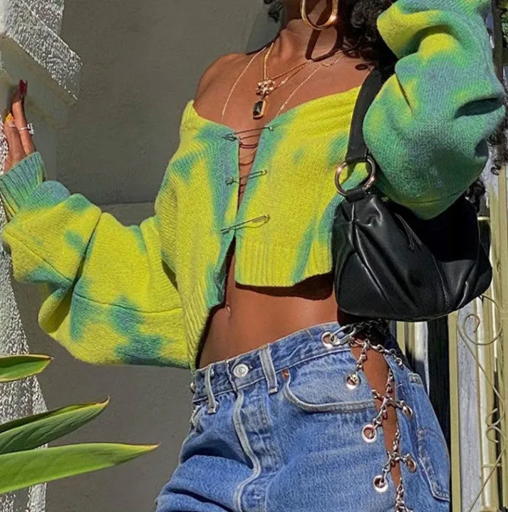 2022 Tie Dye Knitwear loose fit Woolen cardigan blazer crop top fashionable casual sweater for women