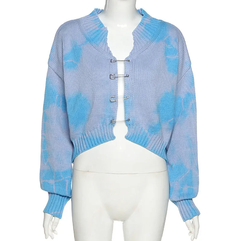 2022 Tie Dye Knitwear loose fit Woolen cardigan blazer crop top fashionable casual sweater for women