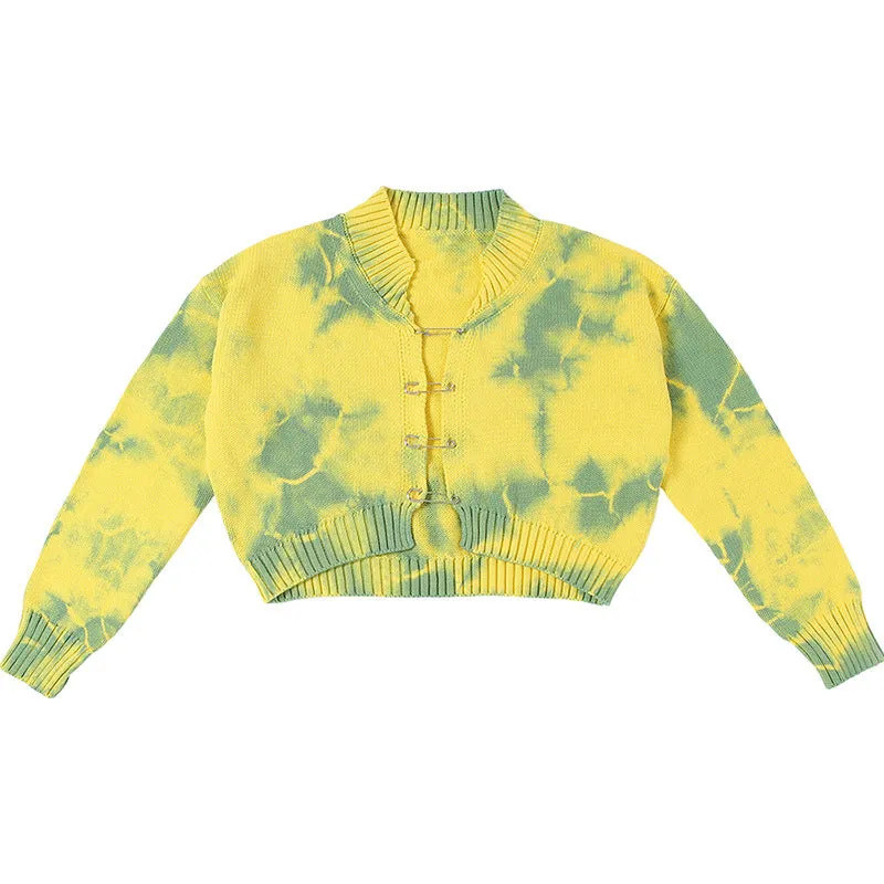 2022 Tie Dye Knitwear loose fit Woolen cardigan blazer crop top fashionable casual sweater for women