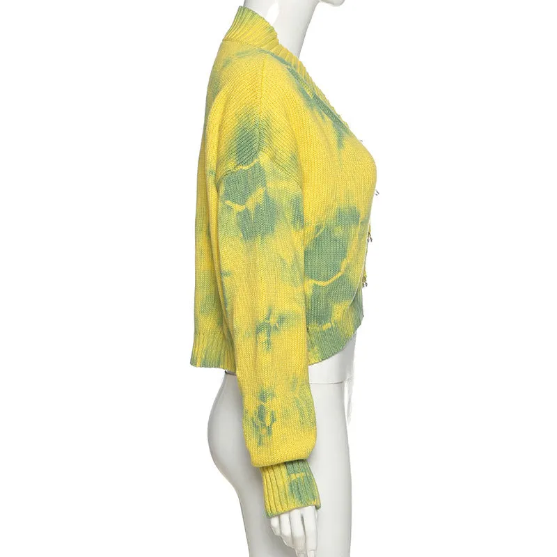 2022 Tie Dye Knitwear loose fit Woolen cardigan blazer crop top fashionable casual sweater for women