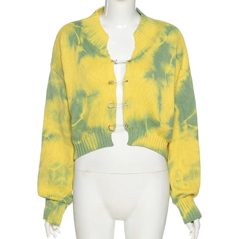 2022 Tie Dye Knitwear loose fit Woolen cardigan blazer crop top fashionable casual sweater for women
