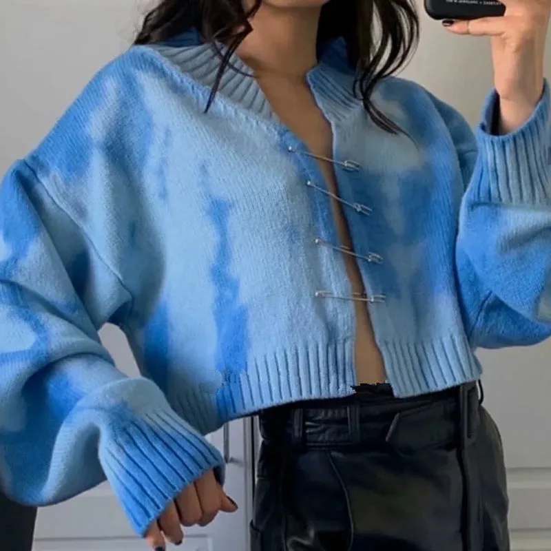2022 Tie Dye Knitwear loose fit Woolen cardigan blazer crop top fashionable casual sweater for women