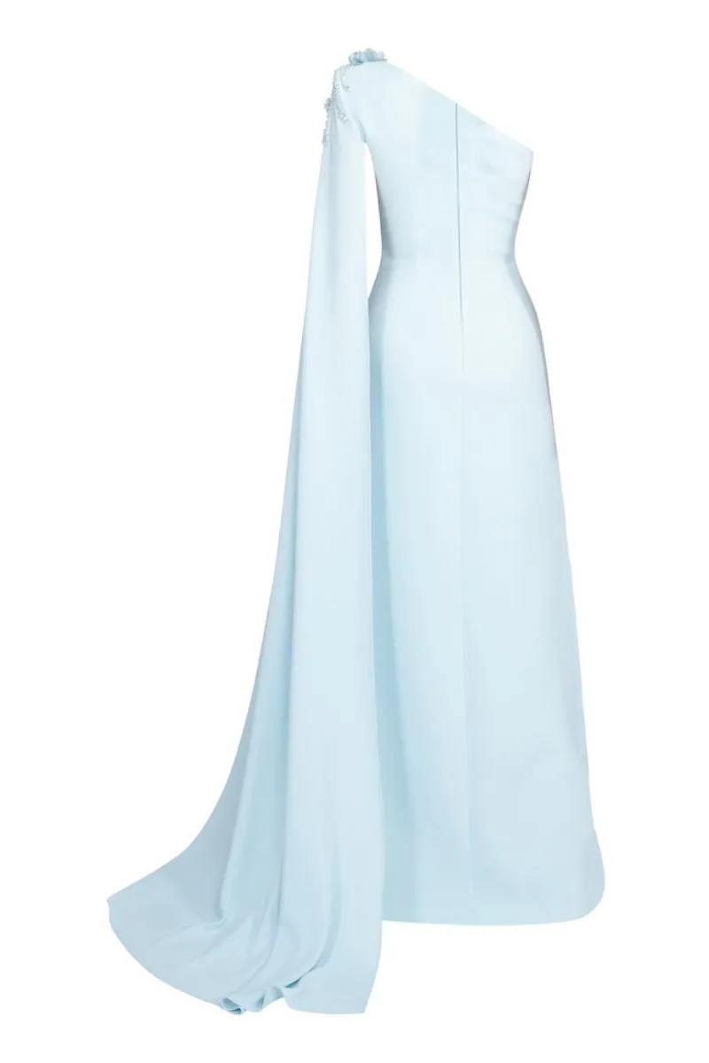 BLUE ONE-SHOULDER WITH LONG CAPE LONG DRESS