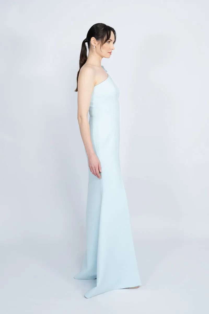 BLUE ONE-SHOULDER WITH LONG CAPE LONG DRESS