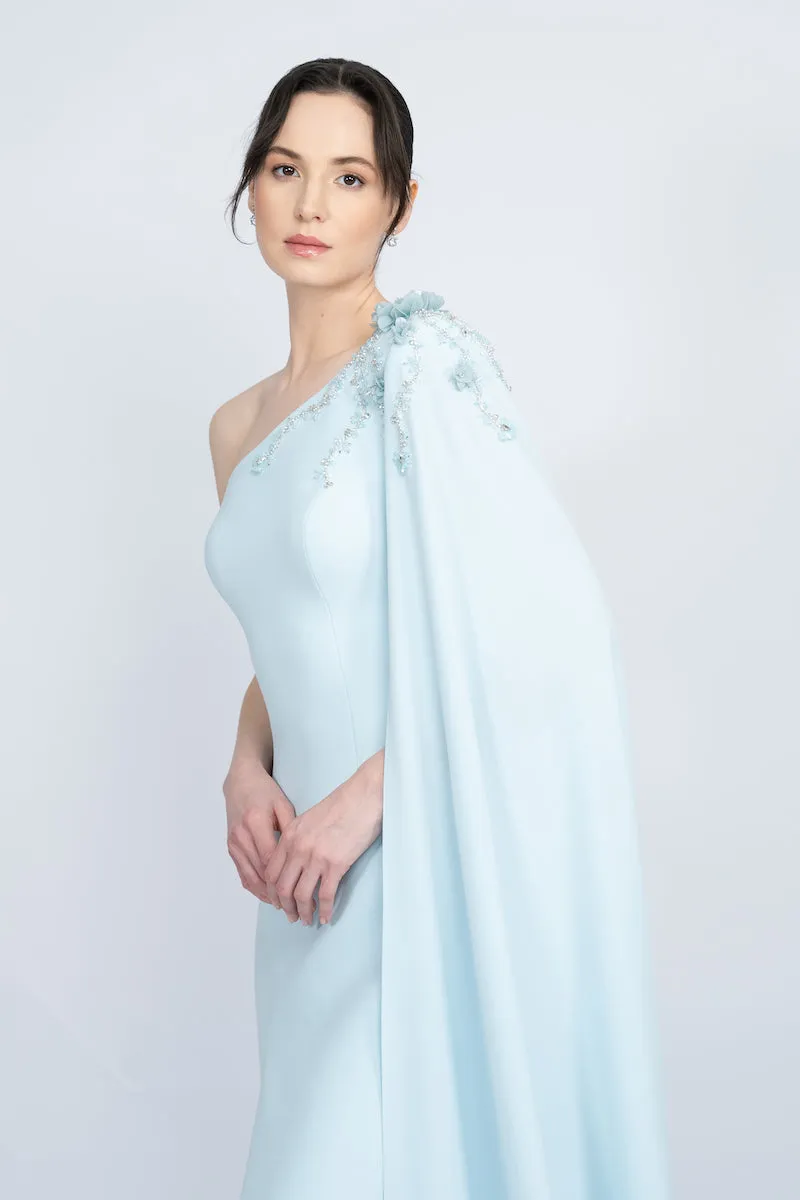 BLUE ONE-SHOULDER WITH LONG CAPE LONG DRESS