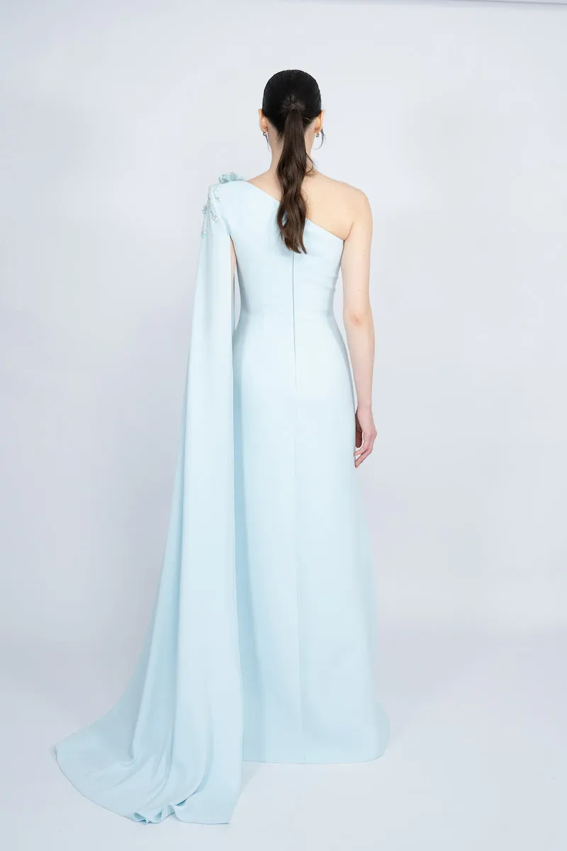 BLUE ONE-SHOULDER WITH LONG CAPE LONG DRESS