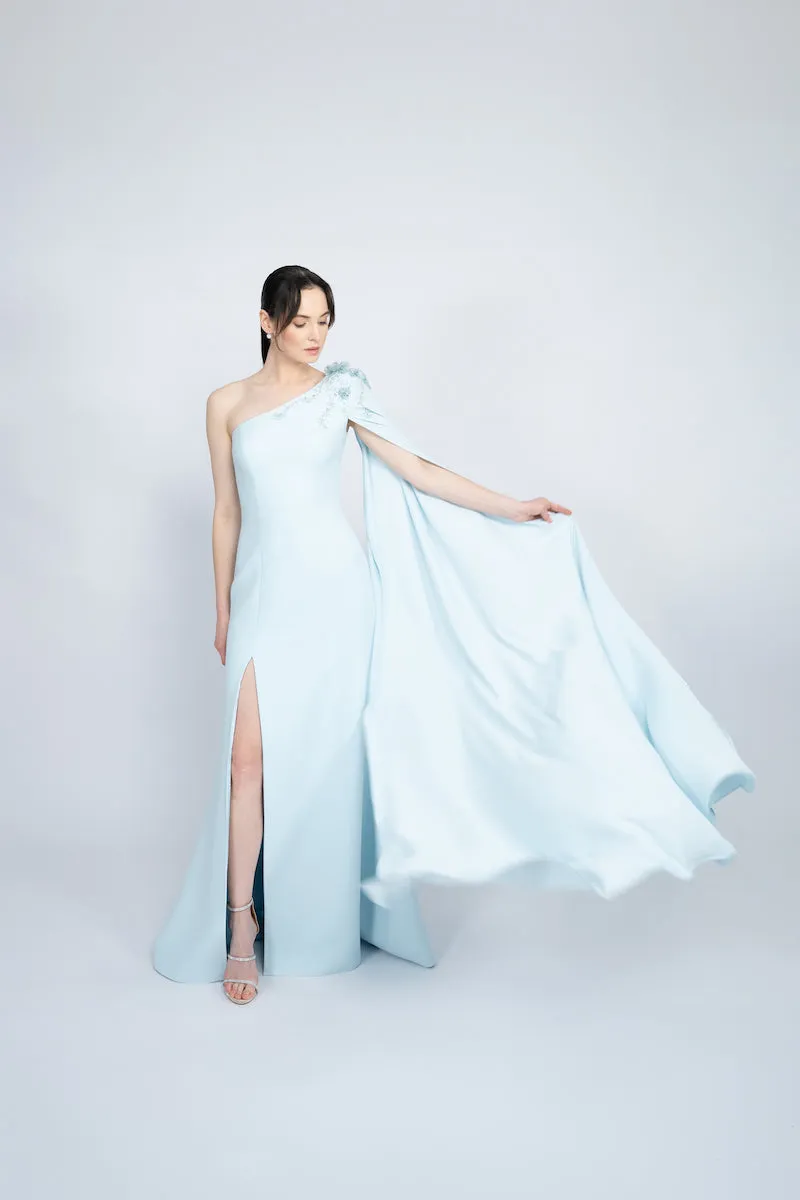 BLUE ONE-SHOULDER WITH LONG CAPE LONG DRESS
