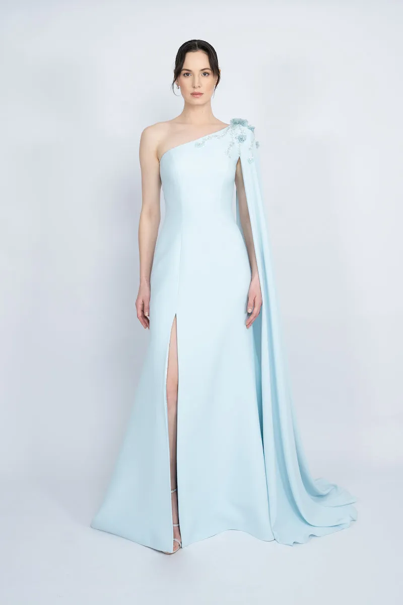BLUE ONE-SHOULDER WITH LONG CAPE LONG DRESS