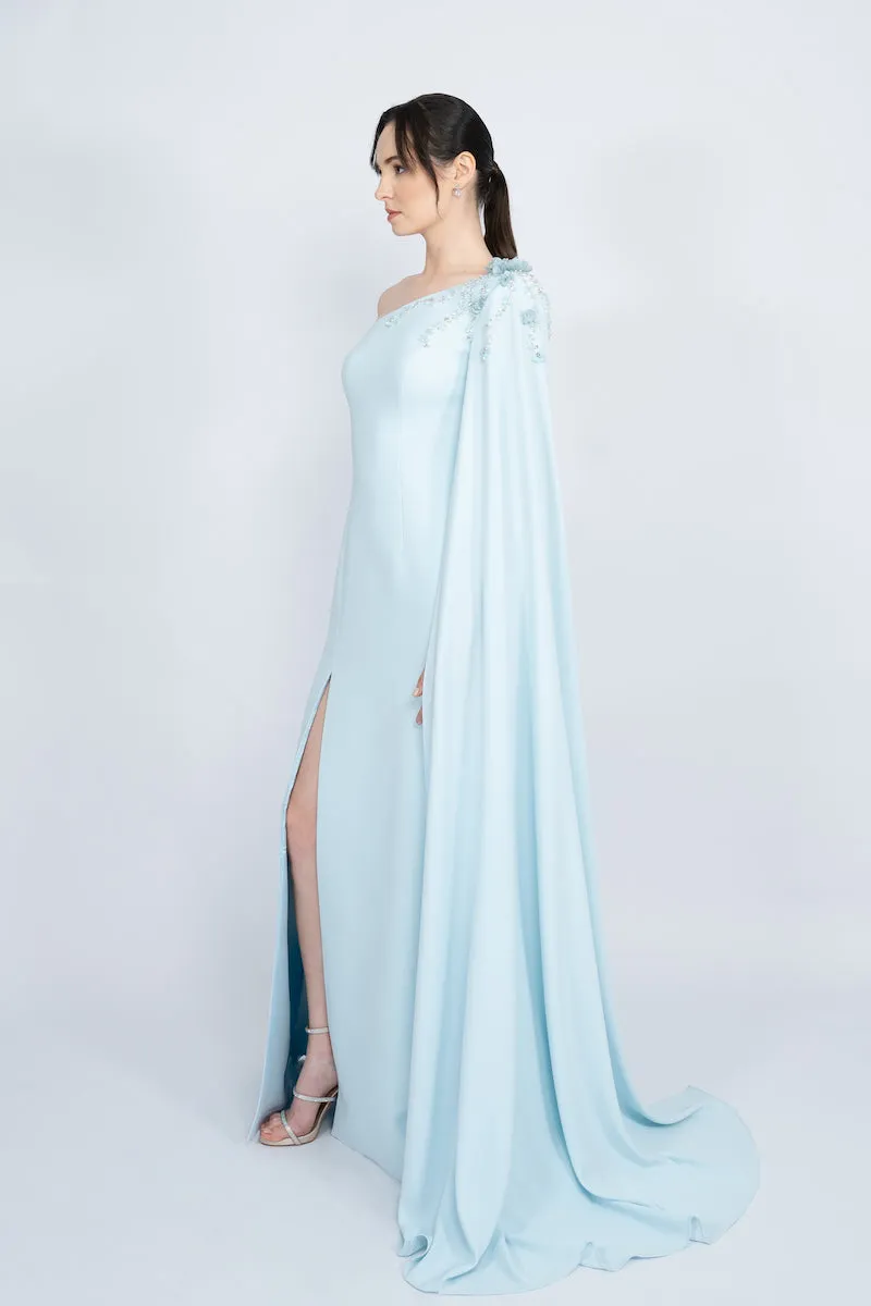 BLUE ONE-SHOULDER WITH LONG CAPE LONG DRESS