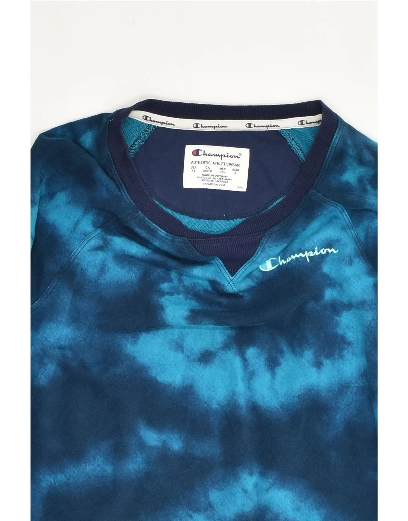 CHAMPION Womens Oversized Crop Sweatshirt Jumper UK 6 XS Blue Tie Dye