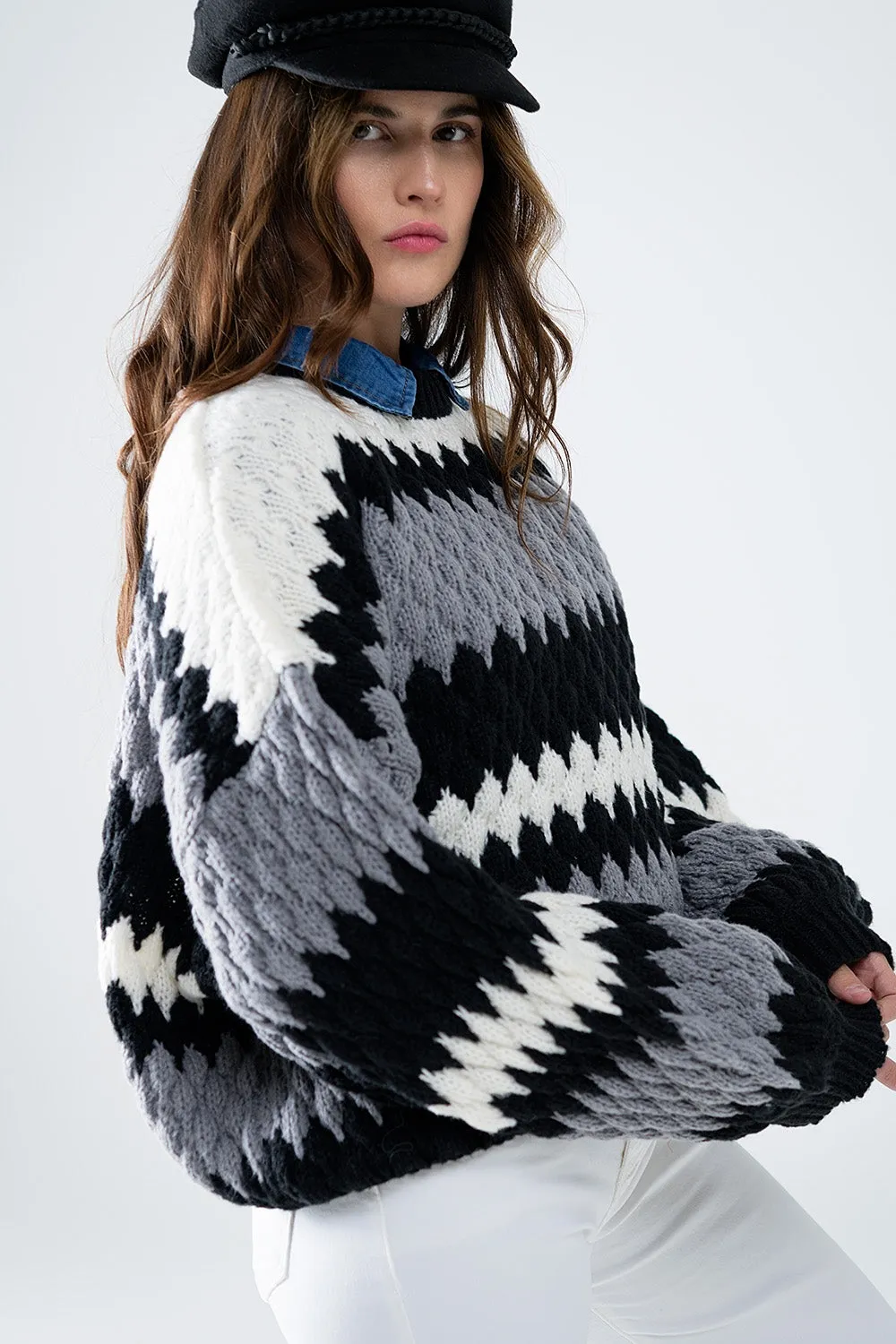 Chunky Ziz Zag Oversized Gray Striped Sweater