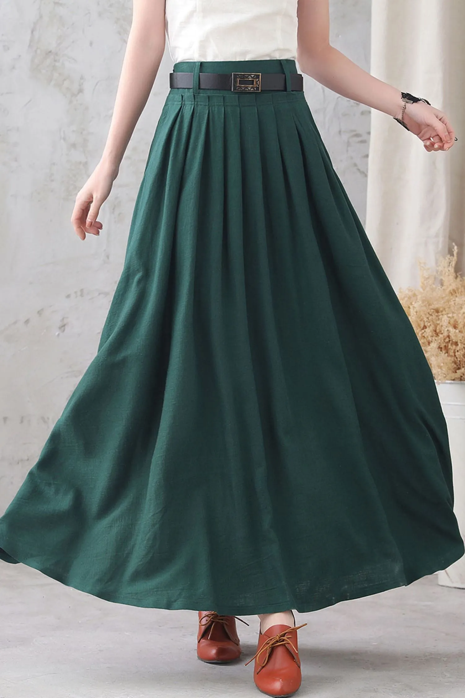 High waist Long pleated Swing skirt with pocket 3333