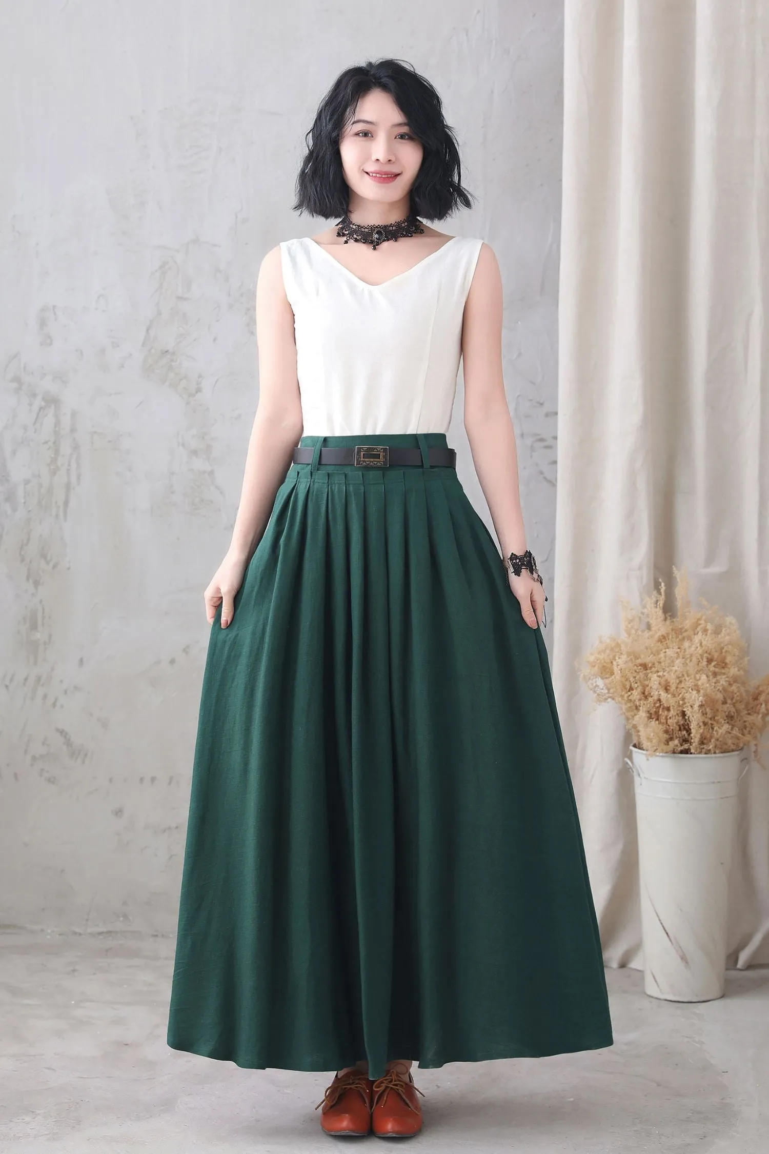 High waist Long pleated Swing skirt with pocket 3333