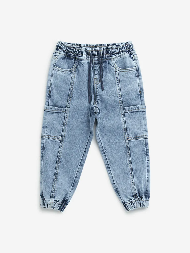 HOP Kids Blue Cargo-Style Mid-Rise Denim Joggers