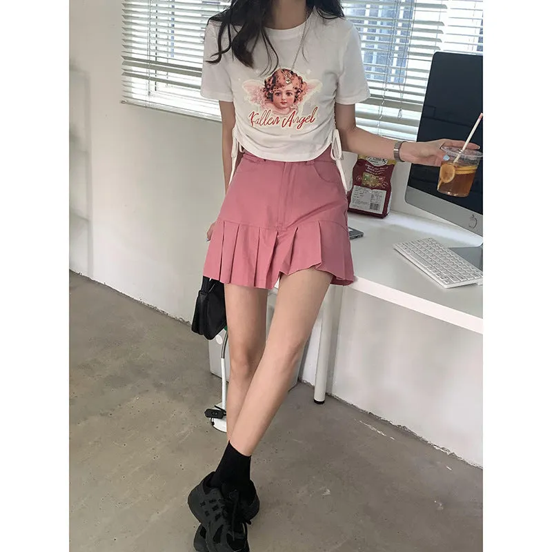 Kawaii fallen angel lace up drawstring ruffled crop top tee T-shirt for femme round collar
