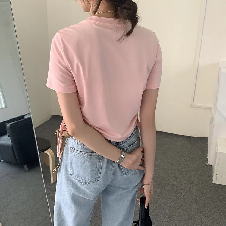 Kawaii fallen angel lace up drawstring ruffled crop top tee T-shirt for femme round collar
