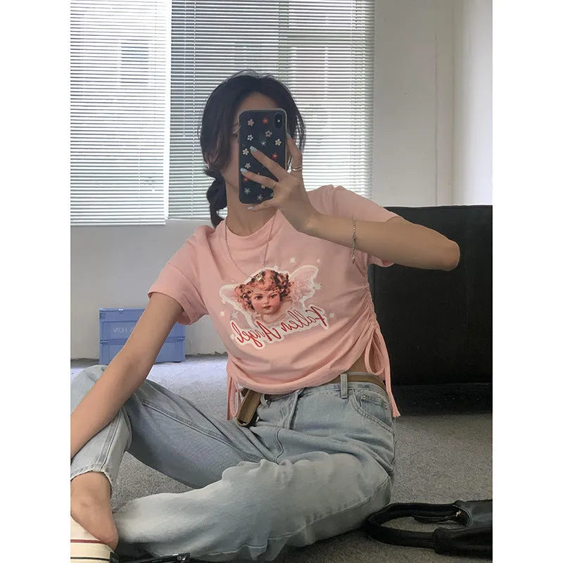 Kawaii fallen angel lace up drawstring ruffled crop top tee T-shirt for femme round collar