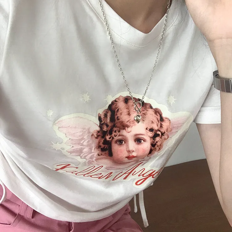 Kawaii fallen angel lace up drawstring ruffled crop top tee T-shirt for femme round collar