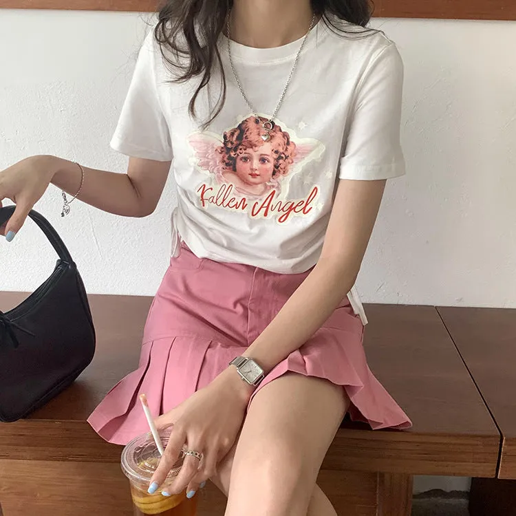 Kawaii fallen angel lace up drawstring ruffled crop top tee T-shirt for femme round collar