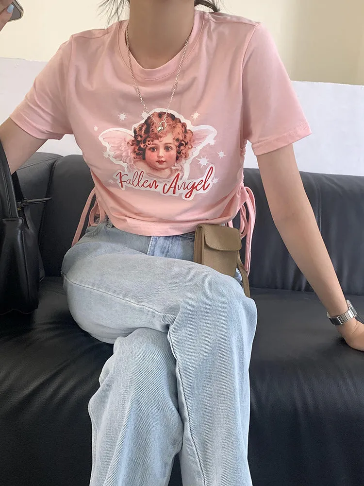 Kawaii fallen angel lace up drawstring ruffled crop top tee T-shirt for femme round collar