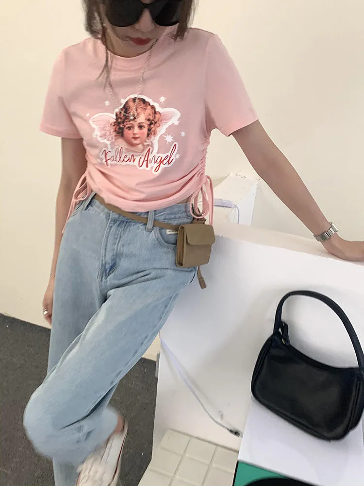 Kawaii fallen angel lace up drawstring ruffled crop top tee T-shirt for femme round collar
