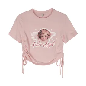 Kawaii fallen angel lace up drawstring ruffled crop top tee T-shirt for femme round collar