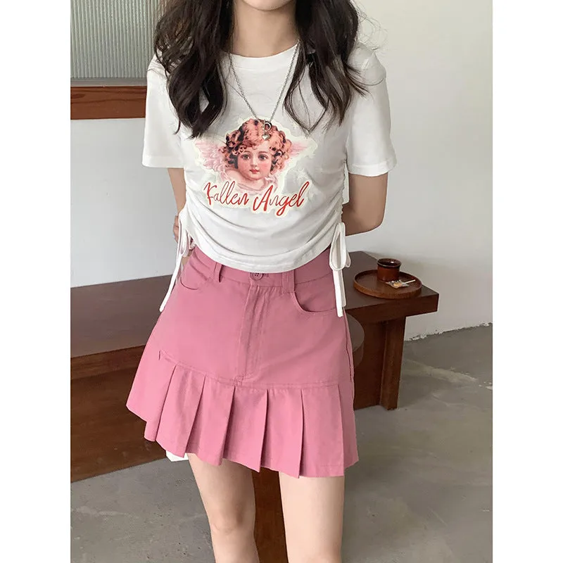 Kawaii fallen angel lace up drawstring ruffled crop top tee T-shirt for femme round collar