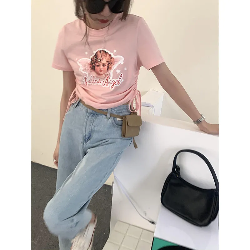 Kawaii fallen angel lace up drawstring ruffled crop top tee T-shirt for femme round collar