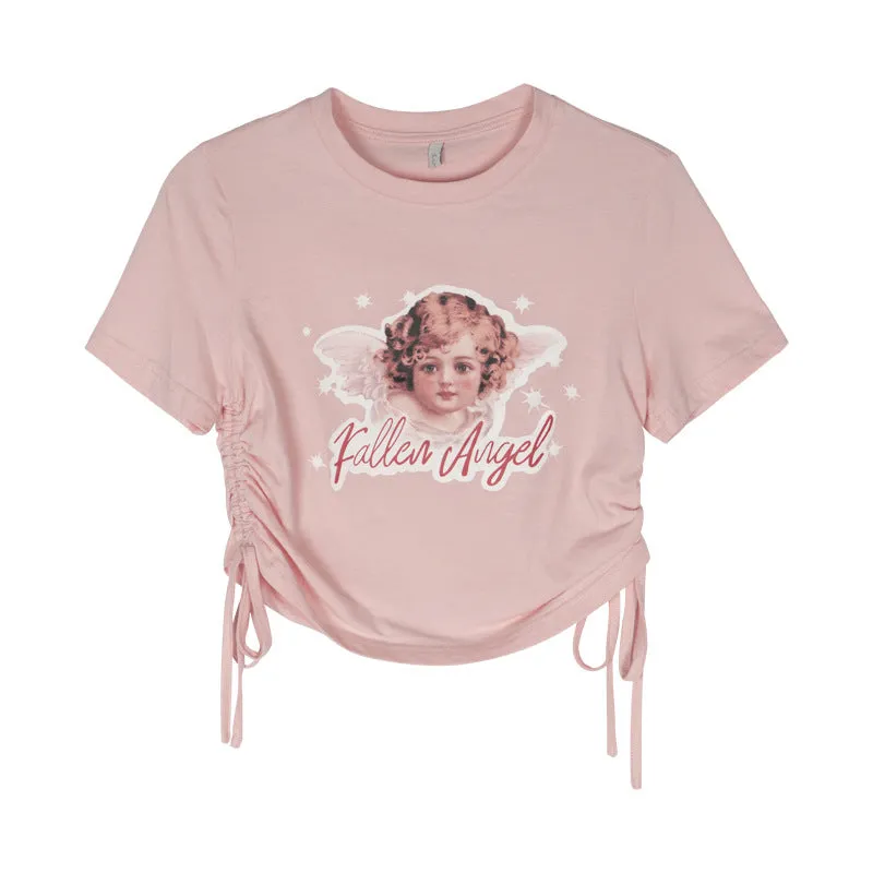 Kawaii fallen angel lace up drawstring ruffled crop top tee T-shirt for femme round collar