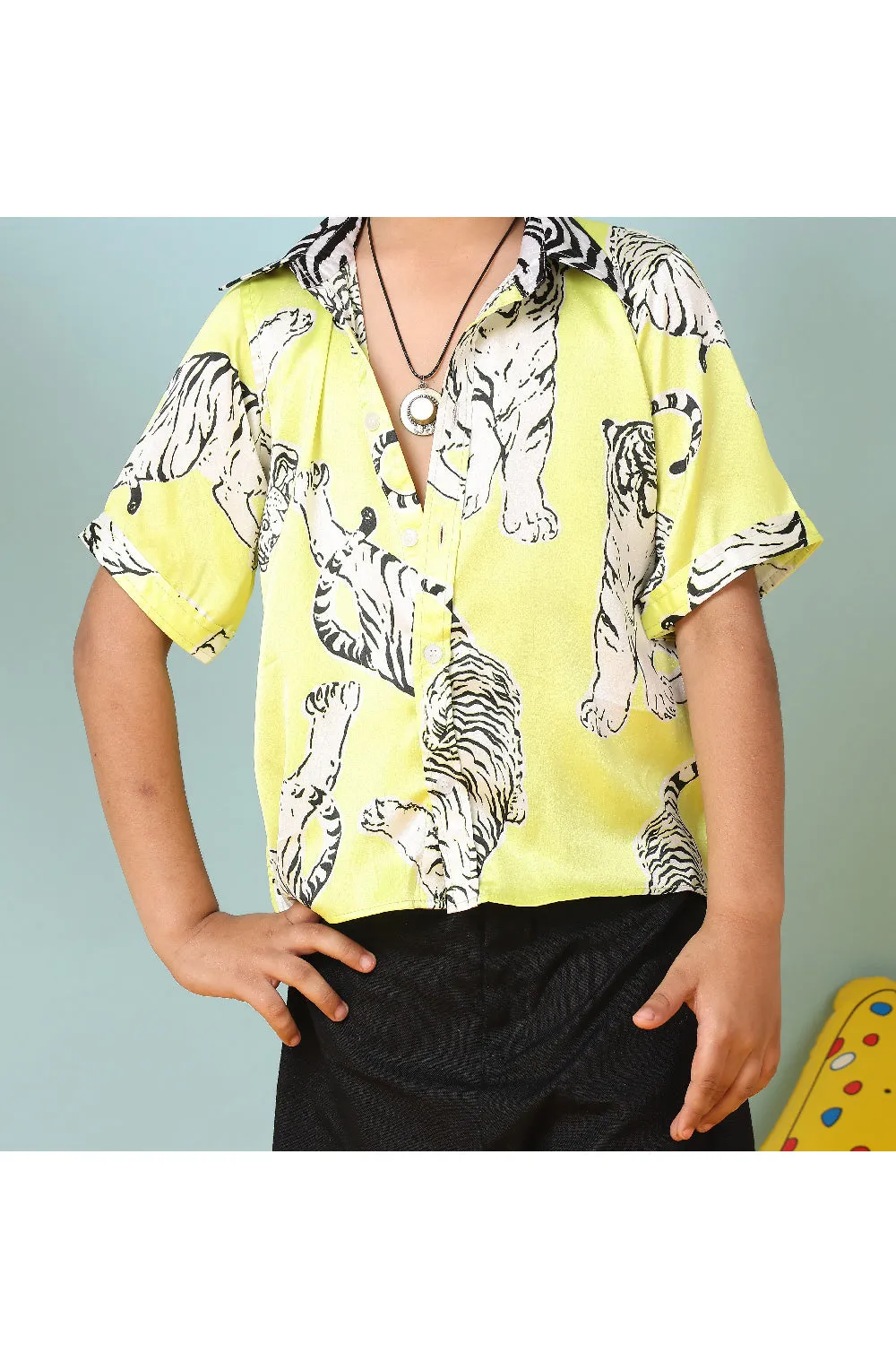 Neon Green Leopard Printed Satin Shirt With Short Set