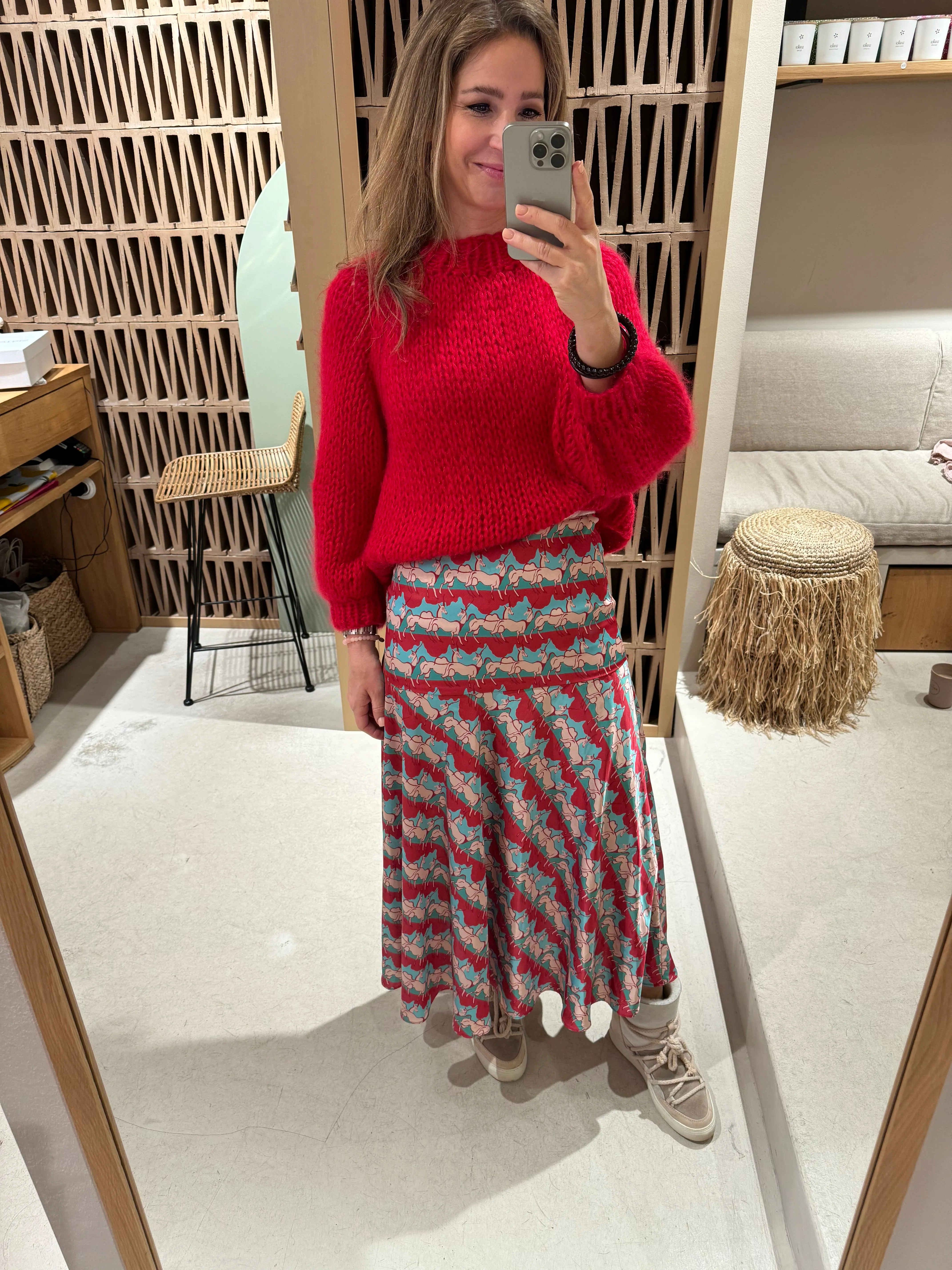 "NAIADS" MIDI SKIRT ROT/TÜRKIS
