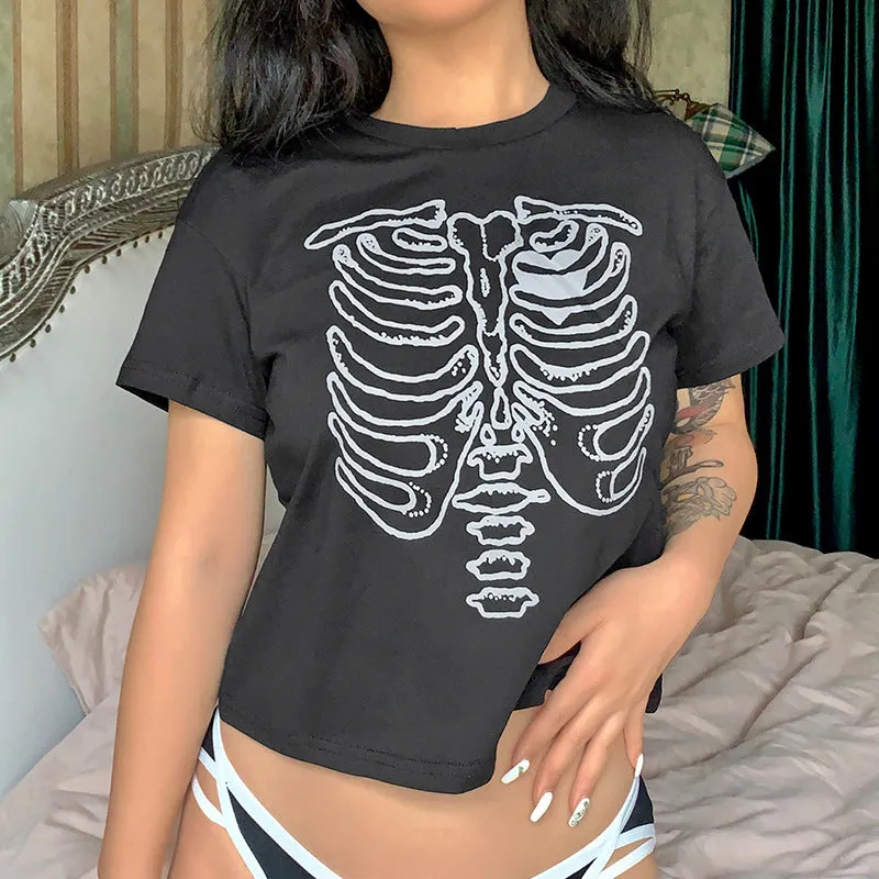Skeleton chest bone print hit color Tee 2022 summer streetwear trendsetter crop top casual T-shirt top