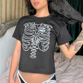 Skeleton chest bone print hit color Tee 2022 summer streetwear trendsetter crop top casual T-shirt top