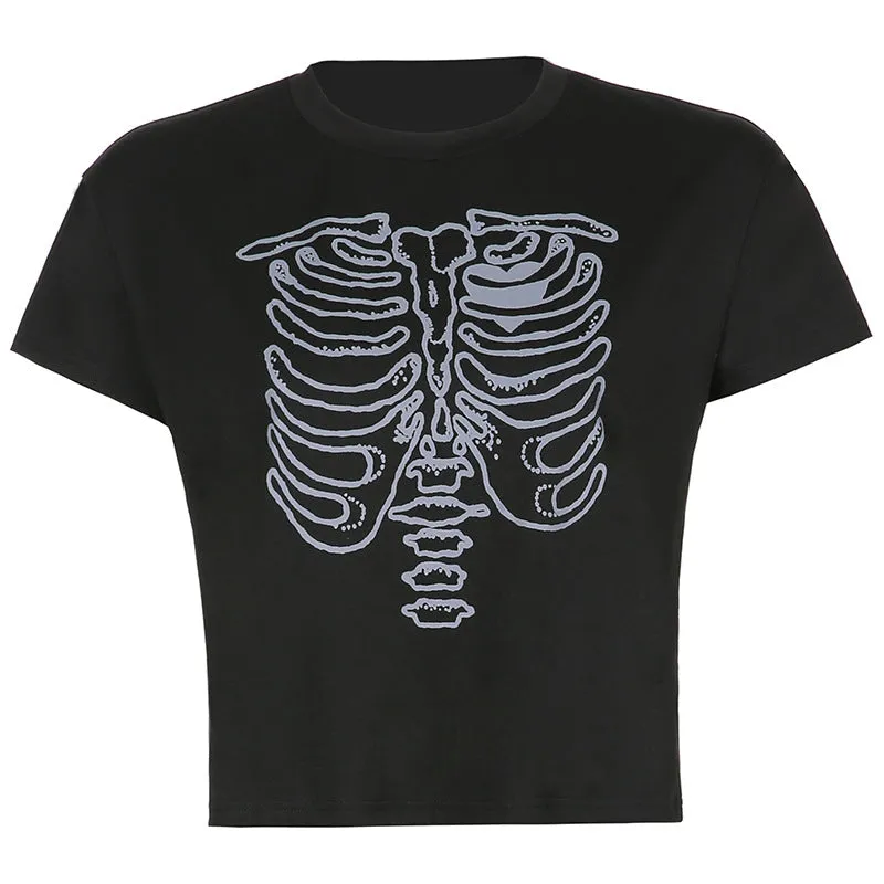 Skeleton chest bone print hit color Tee 2022 summer streetwear trendsetter crop top casual T-shirt top