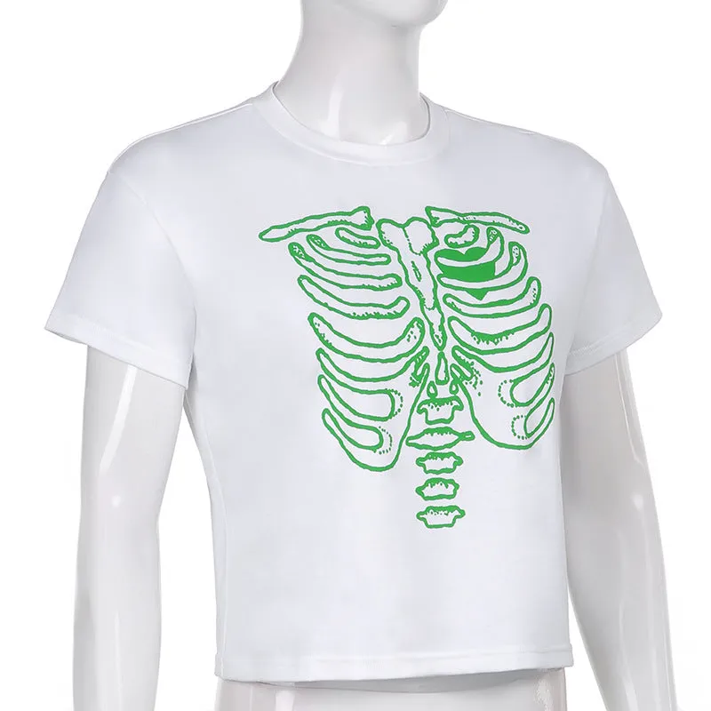 Skeleton chest bone print hit color Tee 2022 summer streetwear trendsetter crop top casual T-shirt top
