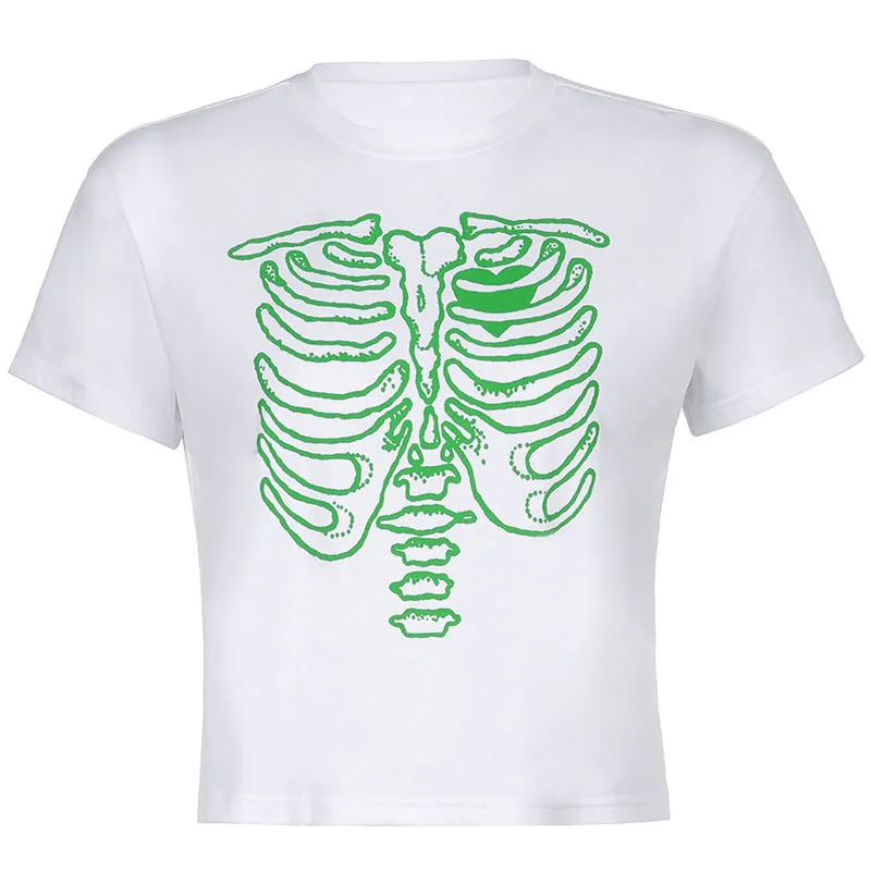 Skeleton chest bone print hit color Tee 2022 summer streetwear trendsetter crop top casual T-shirt top