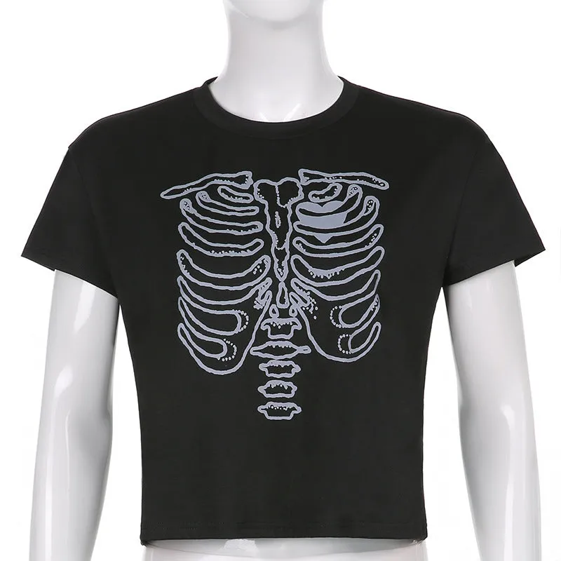 Skeleton chest bone print hit color Tee 2022 summer streetwear trendsetter crop top casual T-shirt top