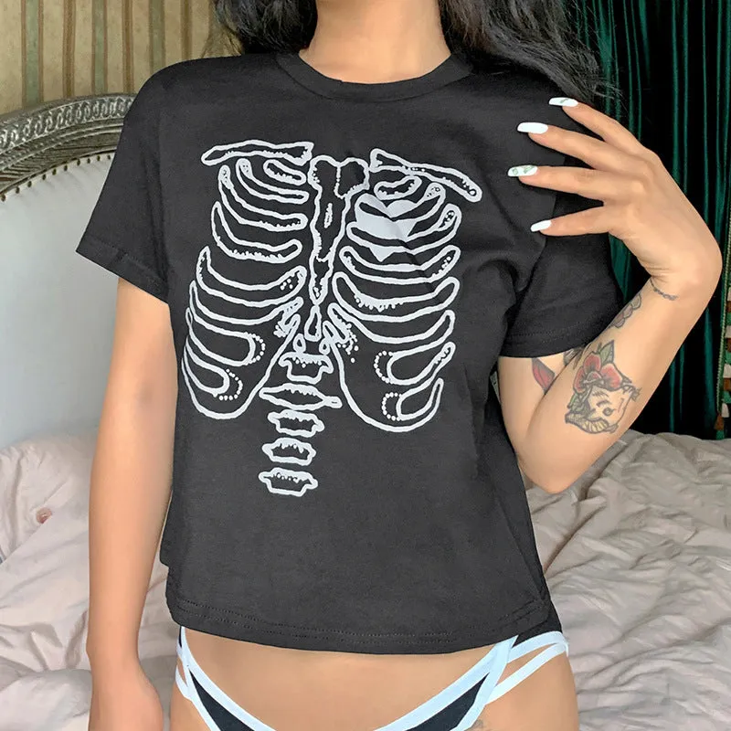 Skeleton chest bone print hit color Tee 2022 summer streetwear trendsetter crop top casual T-shirt top
