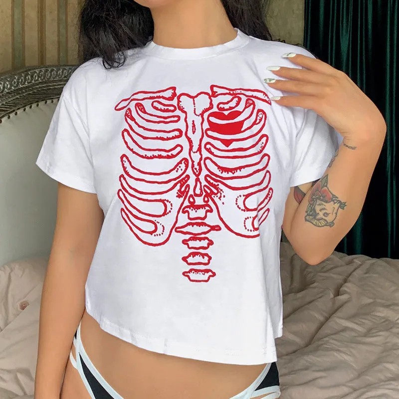 Skeleton chest bone print hit color Tee 2022 summer streetwear trendsetter crop top casual T-shirt top