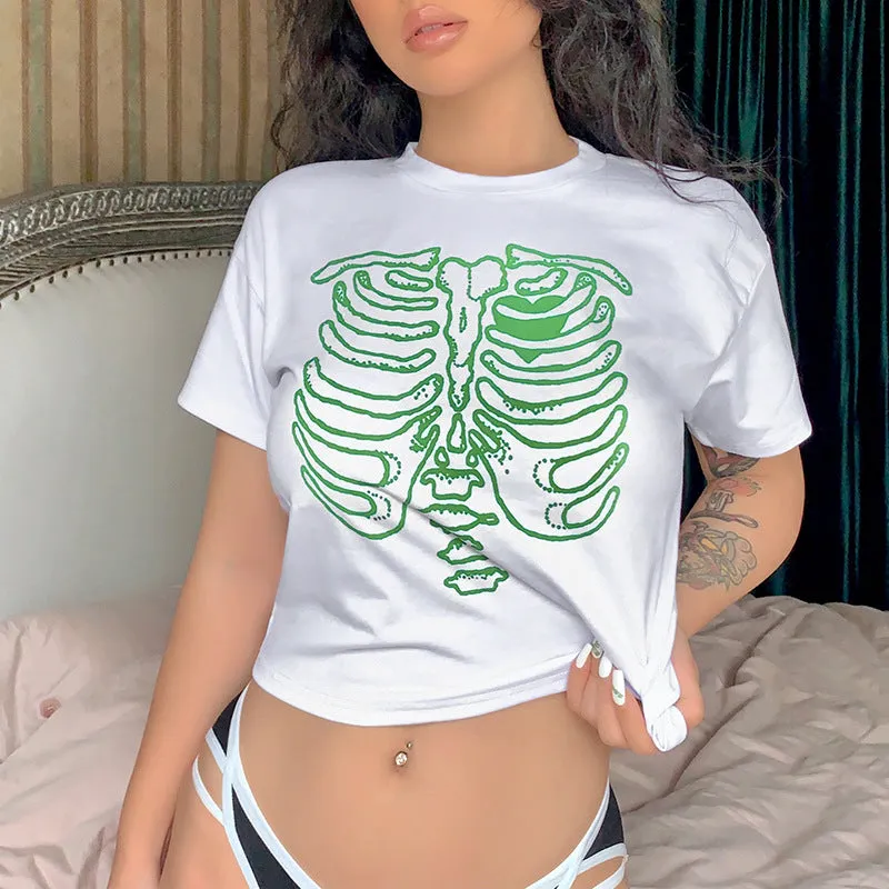 Skeleton chest bone print hit color Tee 2022 summer streetwear trendsetter crop top casual T-shirt top