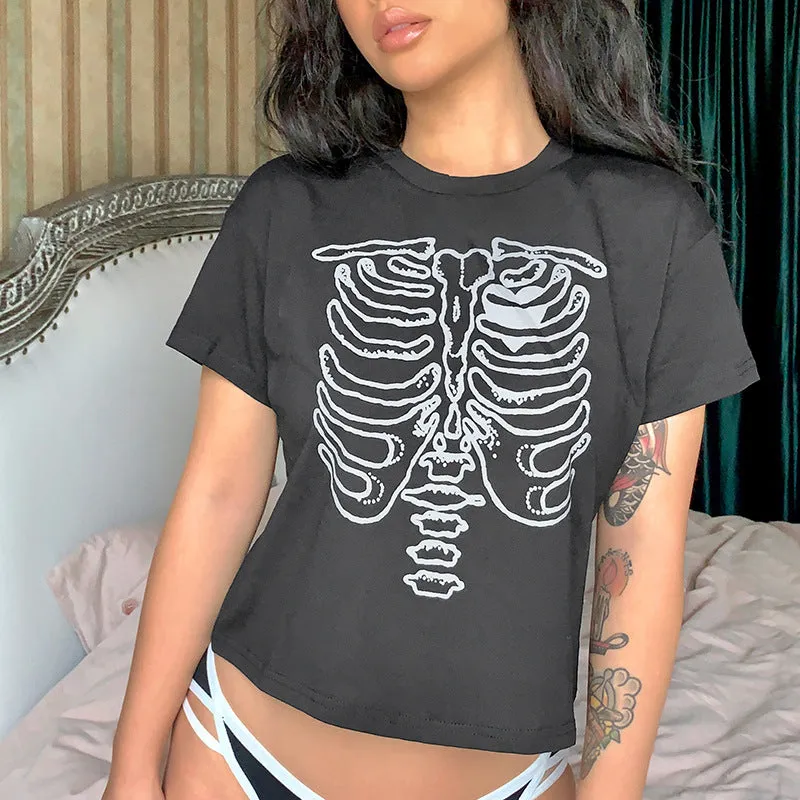 Skeleton chest bone print hit color Tee 2022 summer streetwear trendsetter crop top casual T-shirt top