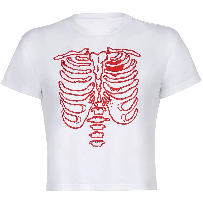 Skeleton chest bone print hit color Tee 2022 summer streetwear trendsetter crop top casual T-shirt top