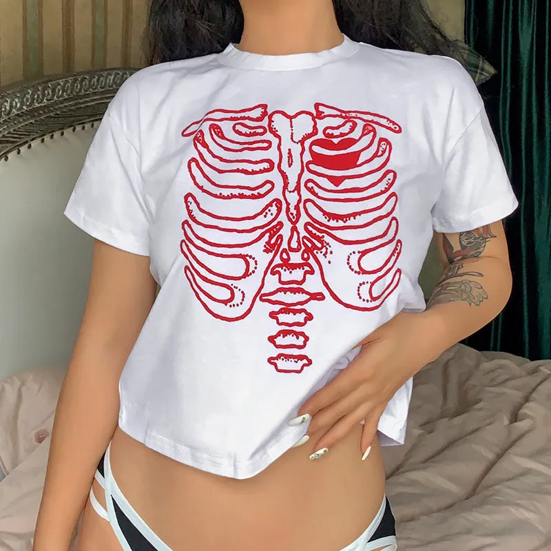 Skeleton chest bone print hit color Tee 2022 summer streetwear trendsetter crop top casual T-shirt top