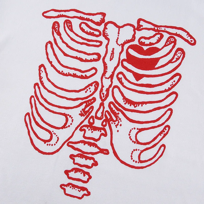 Skeleton chest bone print hit color Tee 2022 summer streetwear trendsetter crop top casual T-shirt top