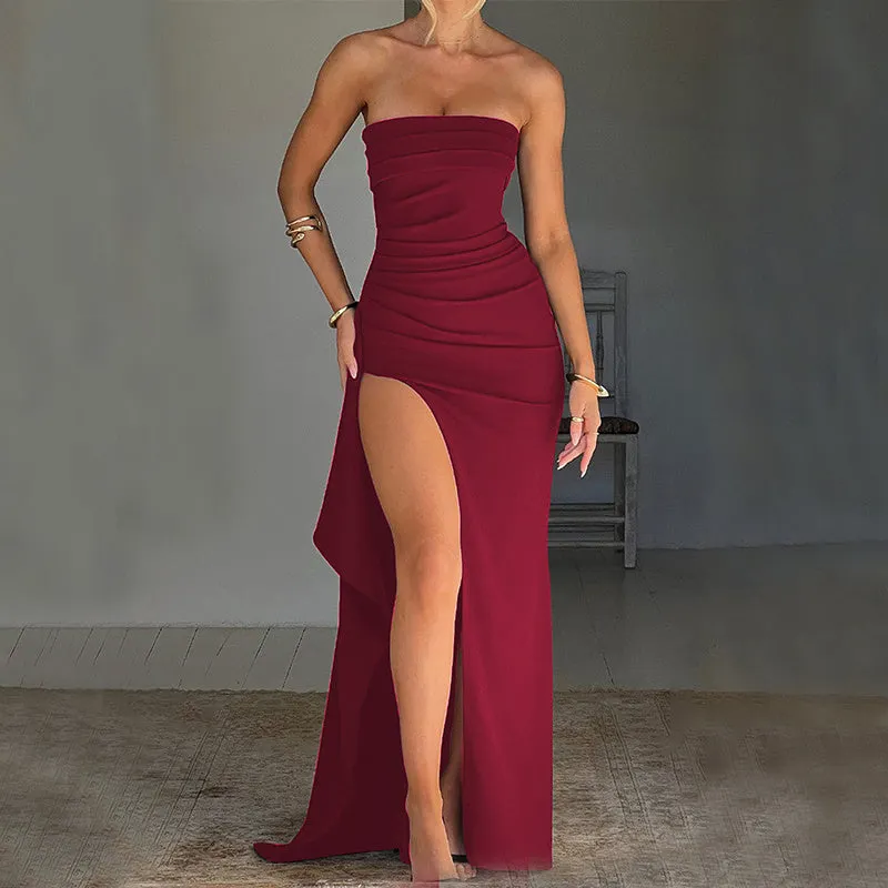 Strapless Split Long Dress – Pleated Bridesmaid Fashion