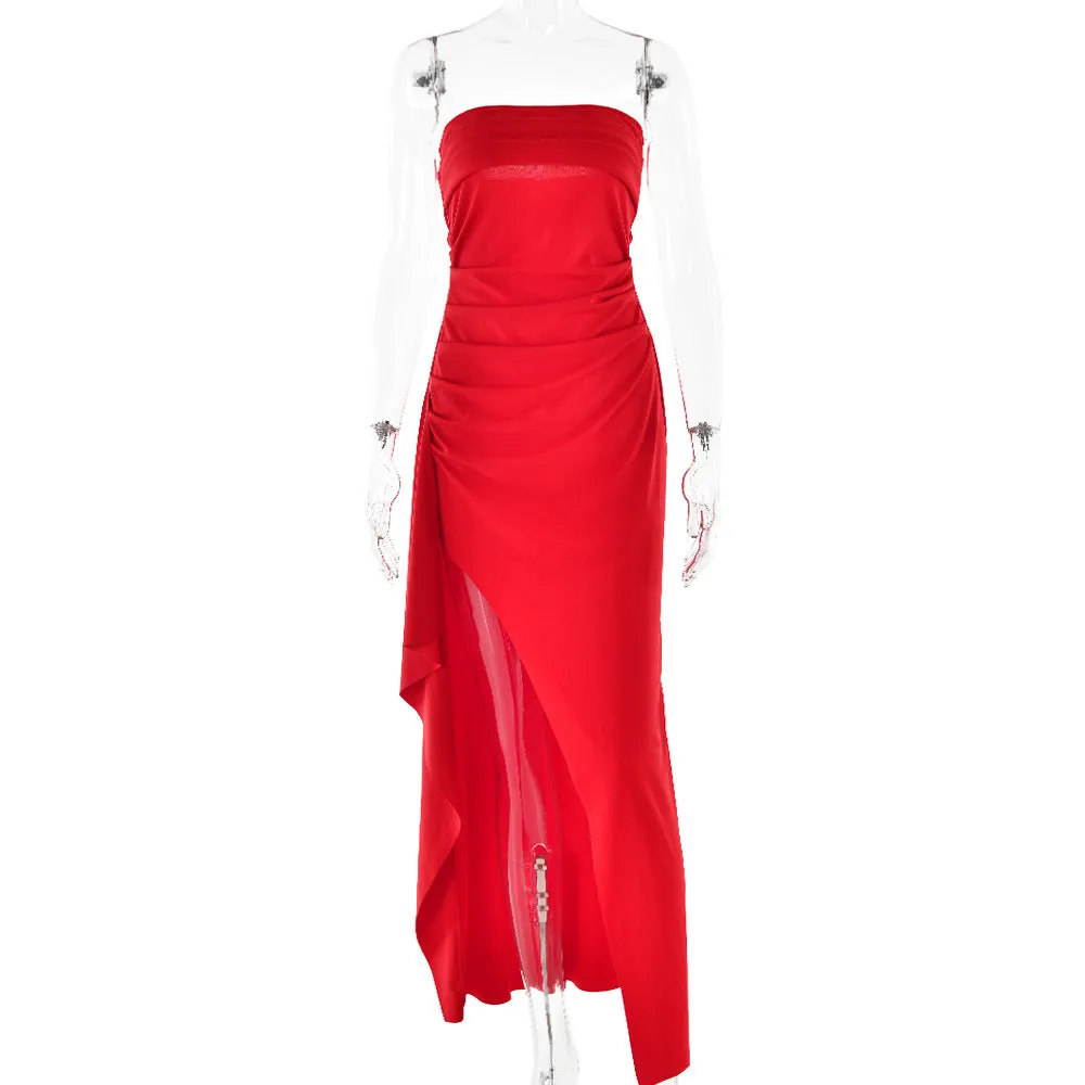 Strapless Split Long Dress – Pleated Bridesmaid Fashion