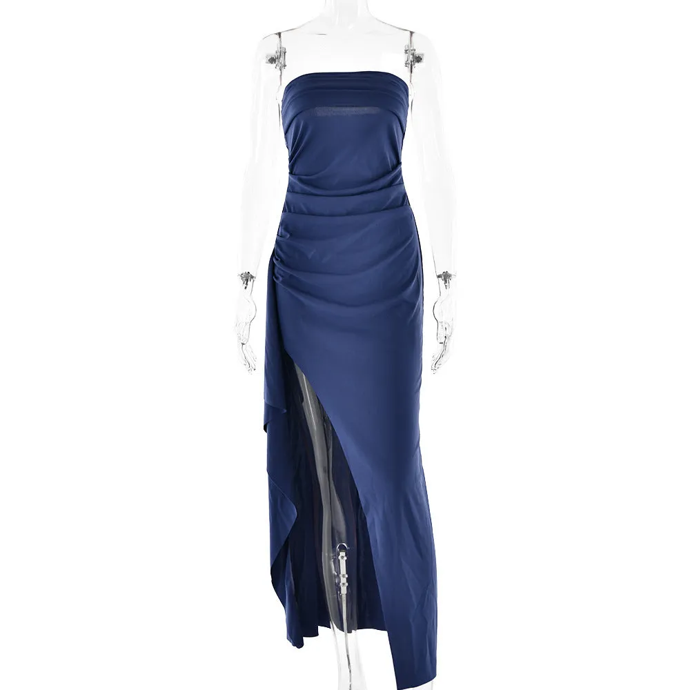 Strapless Split Long Dress – Pleated Bridesmaid Fashion