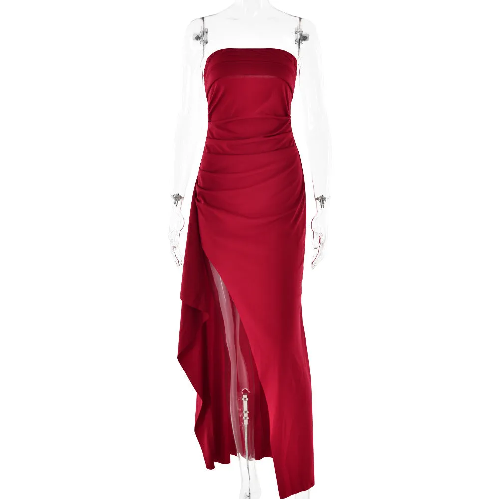 Strapless Split Long Dress – Pleated Bridesmaid Fashion
