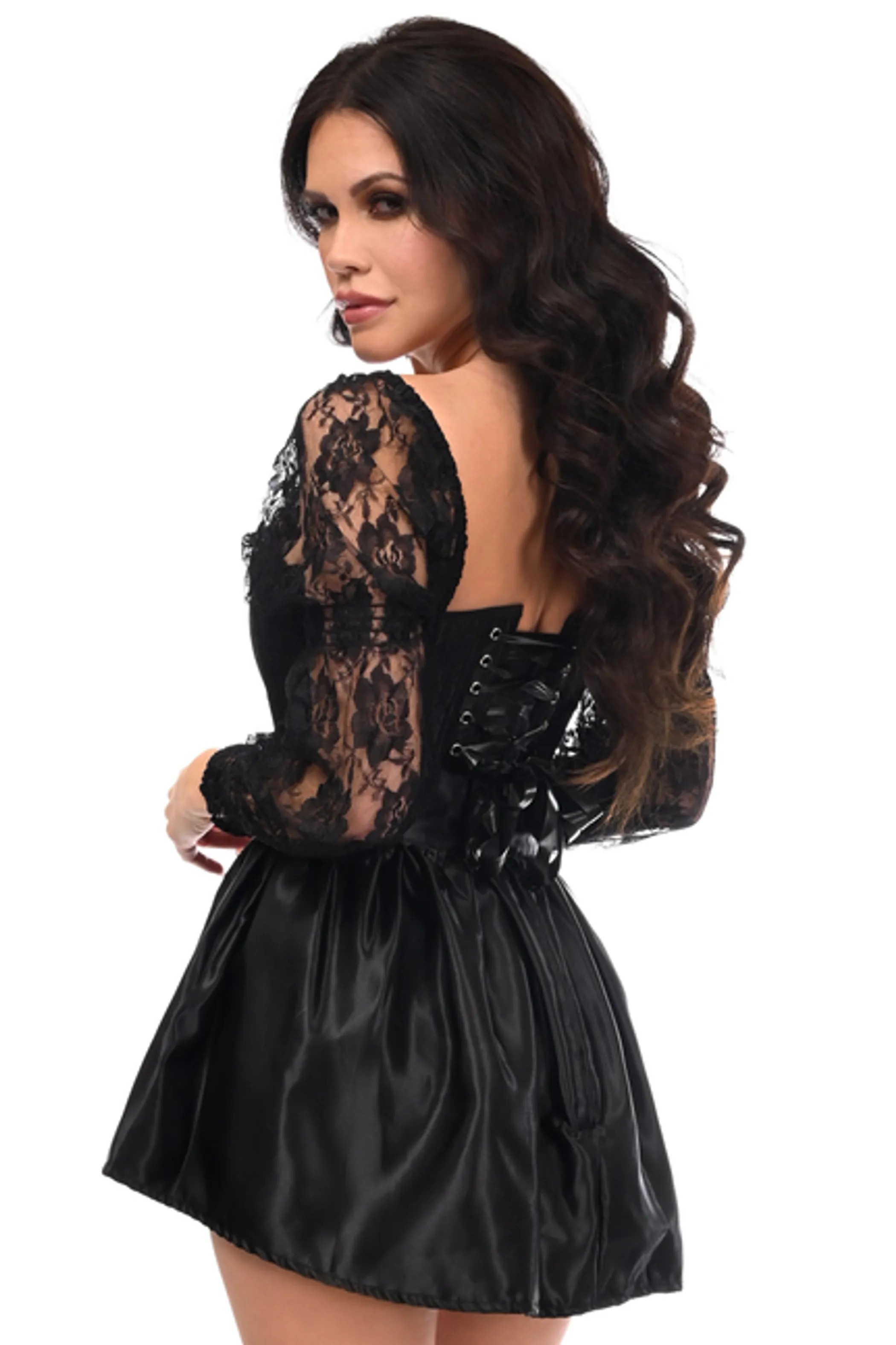 Top Drawer 2 PC Black Lace Steel Boned Corset & Satin Skirt Set